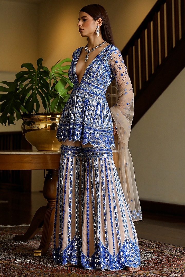 Blue Satin & Net Cutdana Hand Embroidered Wedding Sharara Set by Mehak Khurana World at Pernia's Pop Up Shop