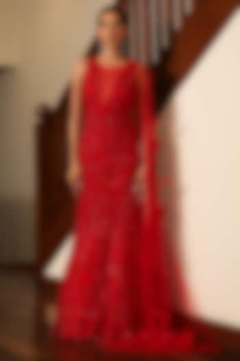 Red Satin & Net Thread Hand Embroidered Gown by Mehak Khurana World