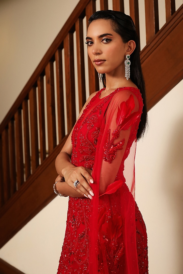 Red Satin & Net Thread Hand Embroidered Wedding Gown by Mehak Khurana World at Pernia's Pop Up Shop