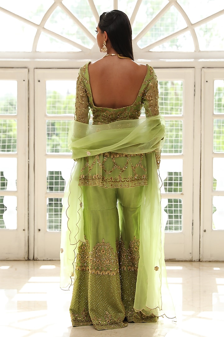 Apple Green Satin Organza Cutdana Hand Embroidered Wedding Sharara Set by Mehak Khurana World at Pernia's Pop Up Shop