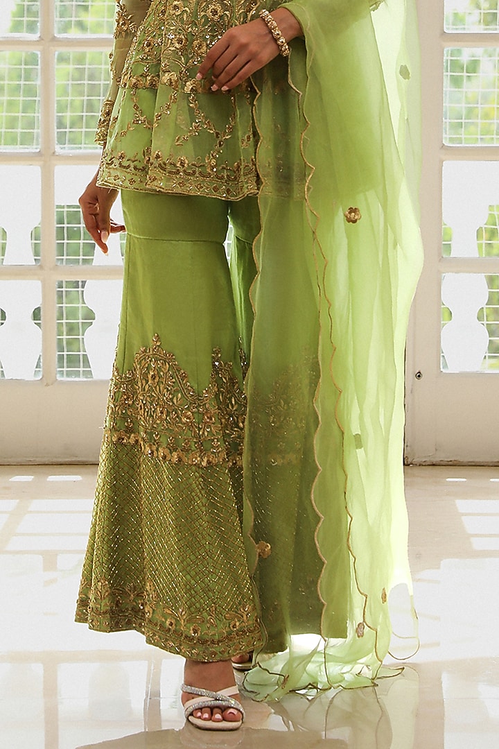 Apple Green Satin Organza Cutdana Hand Embroidered Wedding Sharara Set by Mehak Khurana World at Pernia's Pop Up Shop