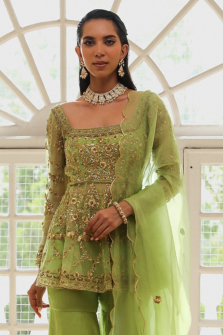 Apple Green Satin Organza Cutdana Hand Embroidered Wedding Sharara Set by Mehak Khurana World at Pernia's Pop Up Shop