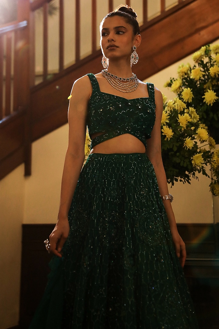 Bottle Green Satin Organza Thread Hand Embroidered Wedding Lehenga Set by Mehak Khurana World at Pernia's Pop Up Shop
