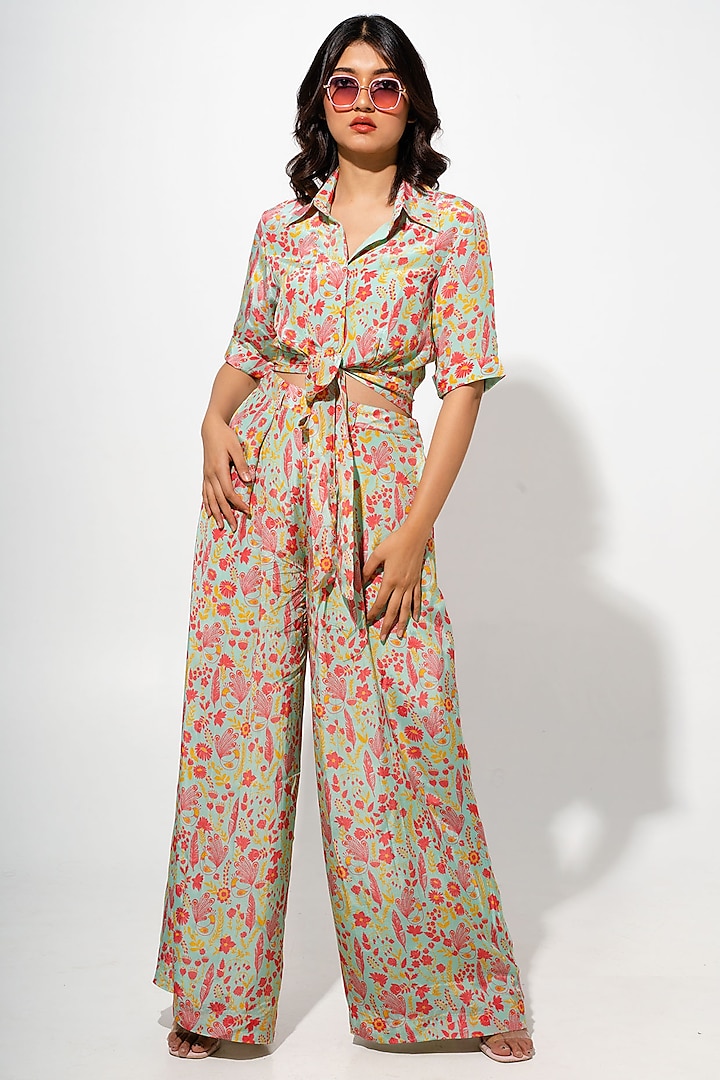 Mint Green Bemberg Crepe Floral Printed Co-Ord Set by Megha Pitti