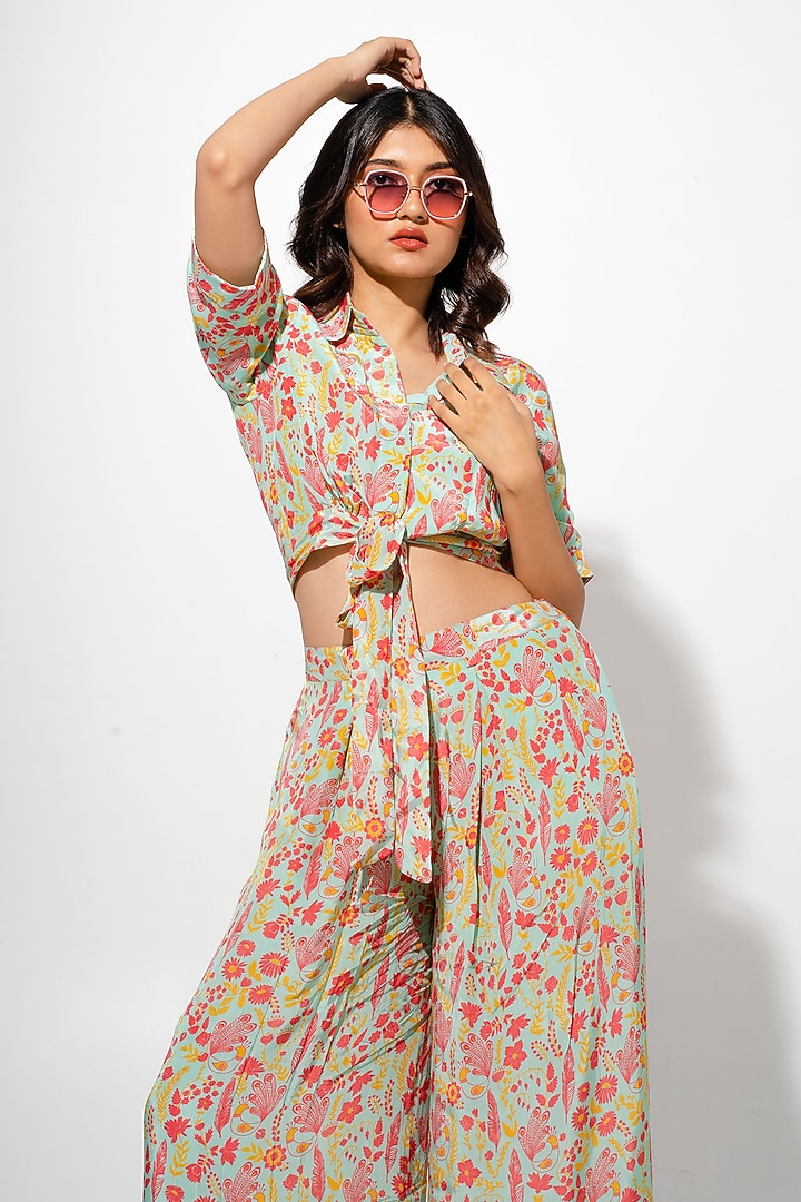 Mint Green Bemberg Crepe Floral Printed Co-Ord Set by Megha Pitti at Pernia's Pop Up Shop