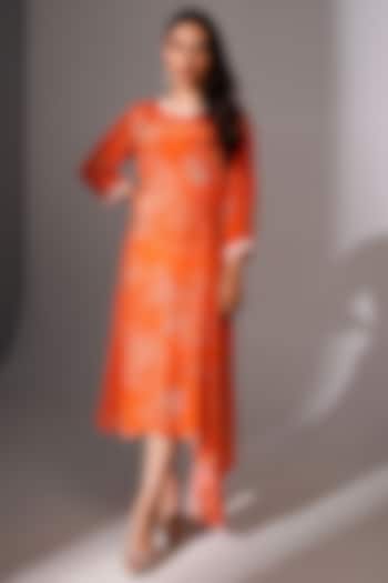 Orange Bemberg Crepe Floral Printed & Handwork Midi Dress by Megha Pitti