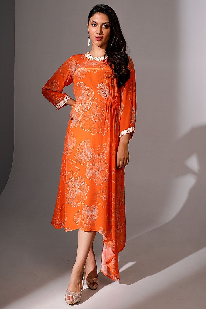 Orange Bemberg Crepe Floral Printed & Handwork Midi Dress by Megha Pitti