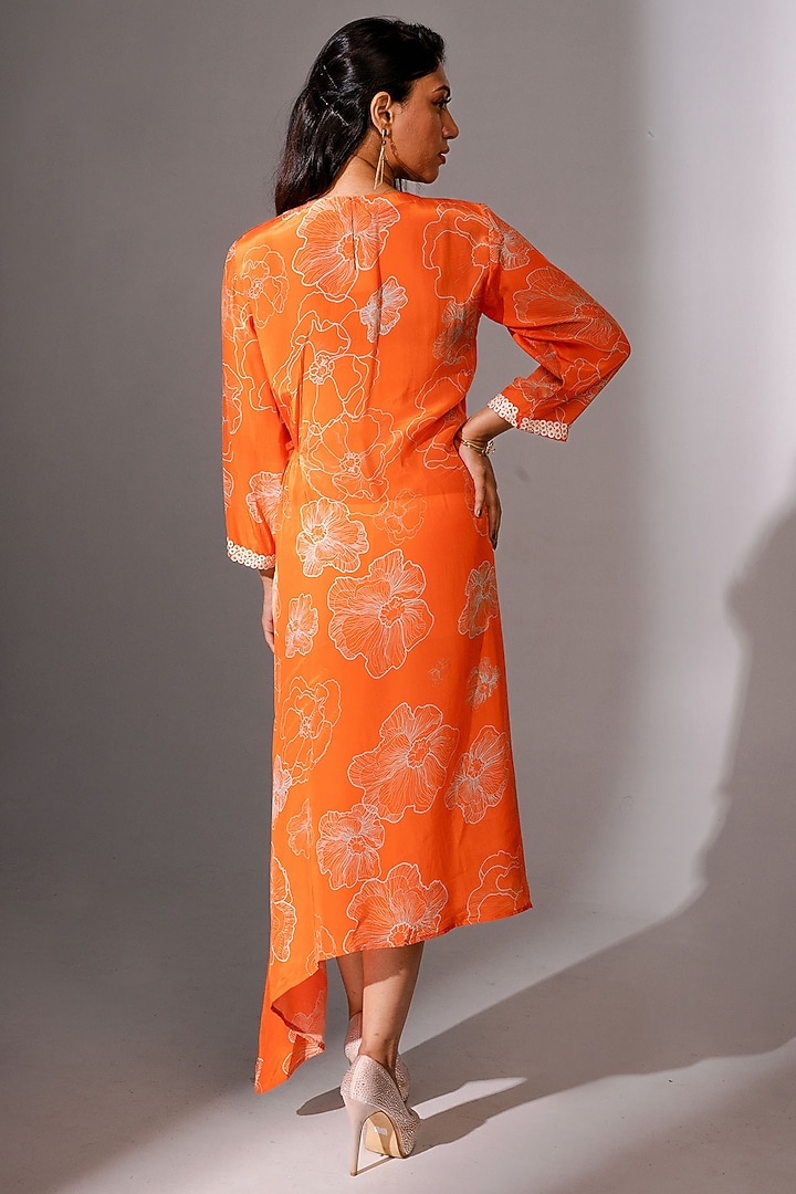Orange Bemberg Crepe Floral Printed & Handwork Midi Summer Dress by Megha Pitti at Pernia's Pop Up Shop