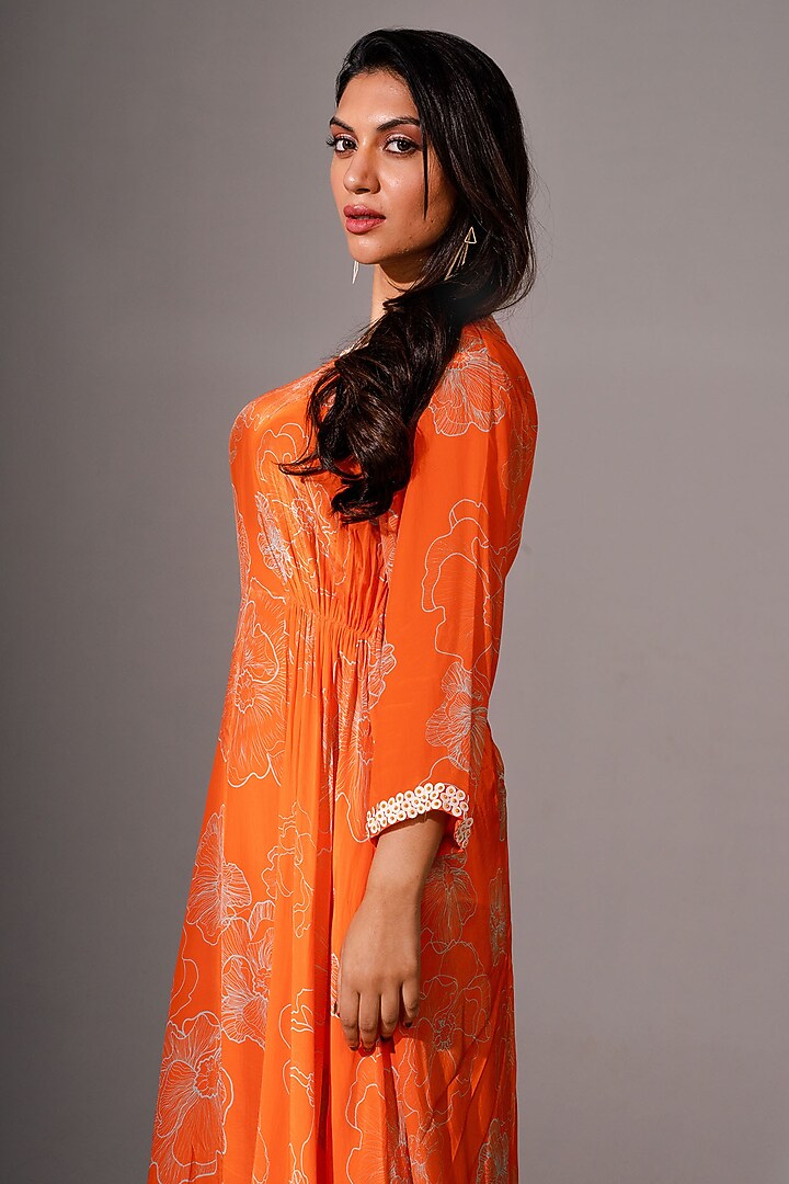 Orange Bemberg Crepe Floral Printed & Handwork Midi Summer Dress by Megha Pitti at Pernia's Pop Up Shop