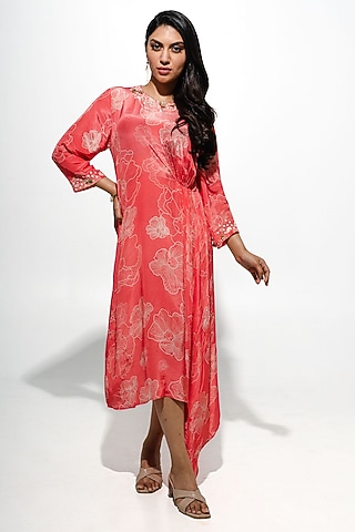 Coral Bemberg Crepe Floral Printed & Handwork Midi Dress by Megha Pitti