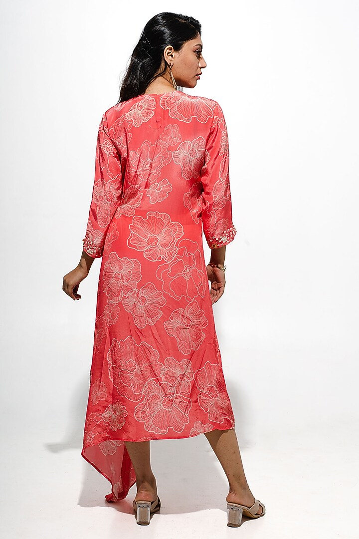Coral Bemberg Crepe Floral Printed & Handwork Midi Summer Dress by Megha Pitti at Pernia's Pop Up Shop