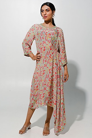 Sea Green Bemberg Crepe Floral Printed & Handwork Midi Dress by Megha Pitti