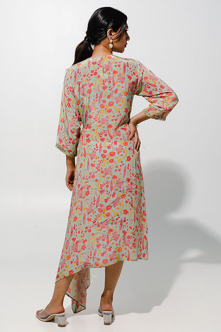 Sea Green Bemberg Crepe Floral Printed & Handwork Midi Summer Dress by Megha Pitti at Pernia's Pop Up Shop