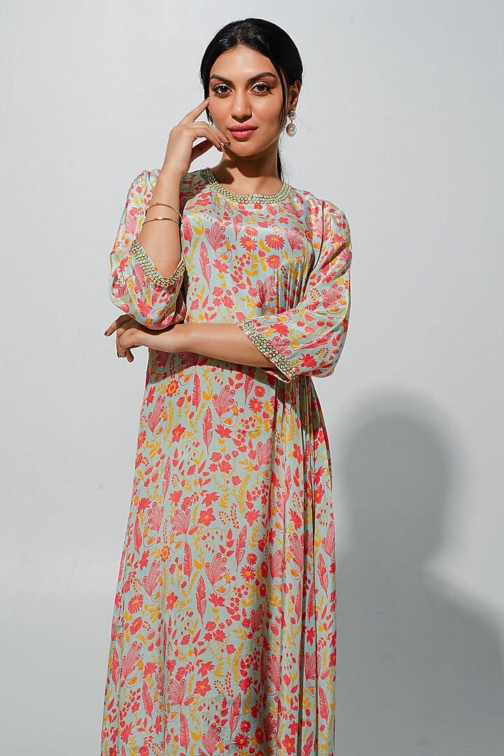 Sea Green Bemberg Crepe Floral Printed & Handwork Midi Summer Dress by Megha Pitti at Pernia's Pop Up Shop