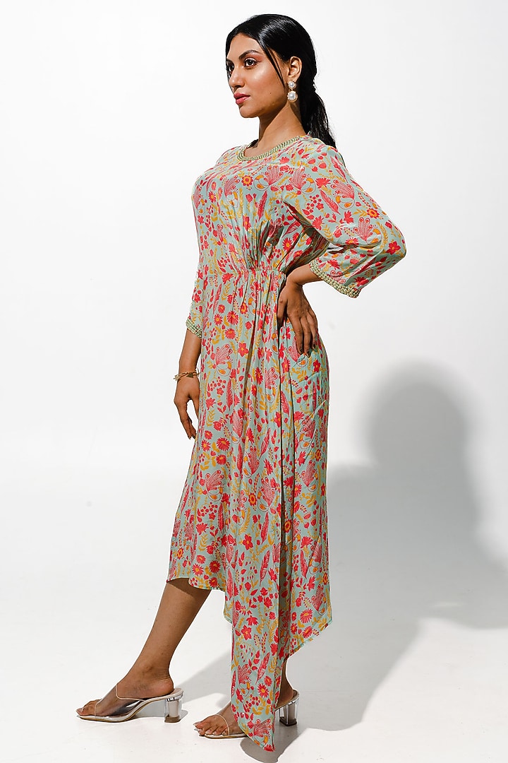 Sea Green Bemberg Crepe Floral Printed & Handwork Midi Summer Dress by Megha Pitti at Pernia's Pop Up Shop