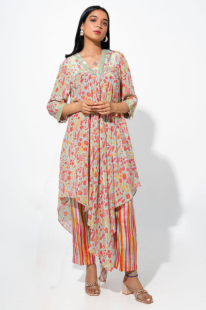 Mint Green Bemberg Crepe Sequins Embroidered & Floral Printed Kurta Set by Megha Pitti