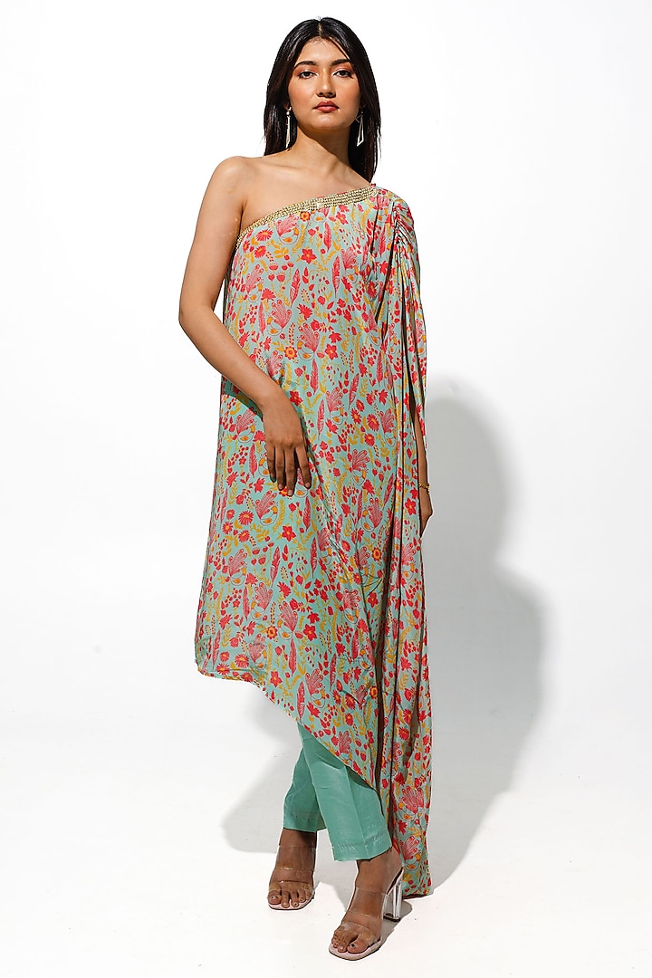 Mint Green Bemberg Crepe Sequins Handwork & Floral Printed Tunic Set by Megha Pitti