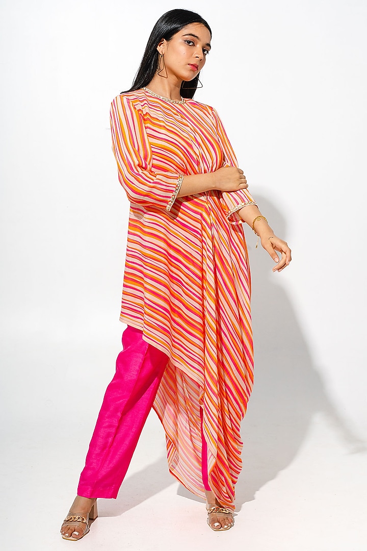 Orange Bemberg Crepe Sequins Handwork & Stripe Printed Cowl Tunic Set by Megha Pitti