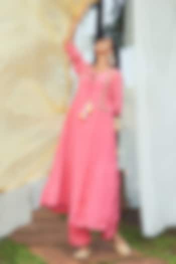 Pink Crepe Sequins Hand Embroidered Anarkali Set by Megha Pitti
