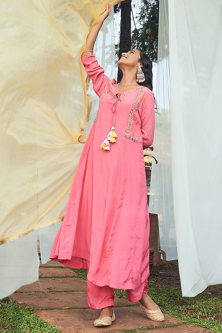 Pink Crepe Sequins Hand Embroidered Anarkali Set by Megha Pitti