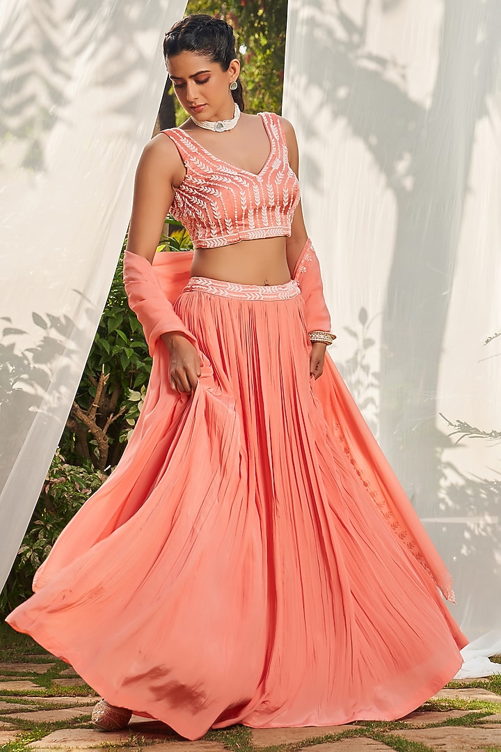 Peach Crepe & Satin Dupion Gathered Wedding Lehenga Set by Megha Pitti at Pernia's Pop Up Shop