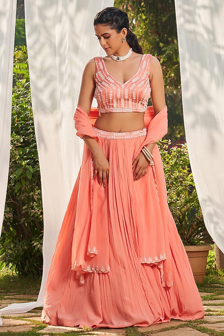 Peach Crepe & Satin Dupion Gathered Wedding Lehenga Set by Megha Pitti at Pernia's Pop Up Shop