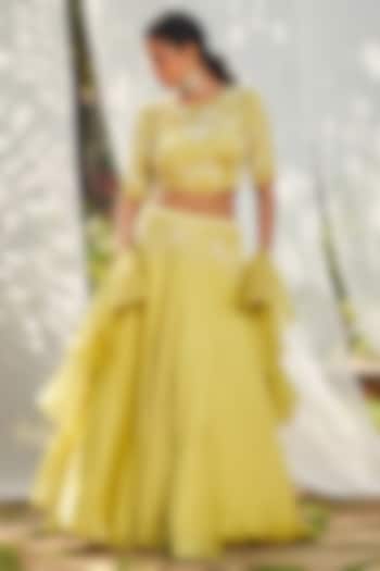 Lime Green Satin Organza Wedding Lehenga Set by Megha Pitti at Pernia's Pop Up Shop