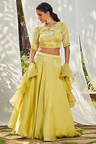 Lime Green Satin Organza Lehenga Set by Megha Pitti