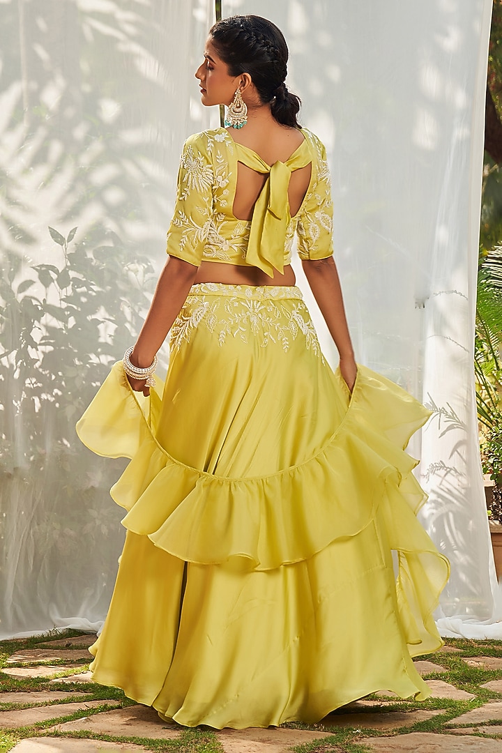 Lime Green Satin Organza Wedding Lehenga Set by Megha Pitti at Pernia's Pop Up Shop