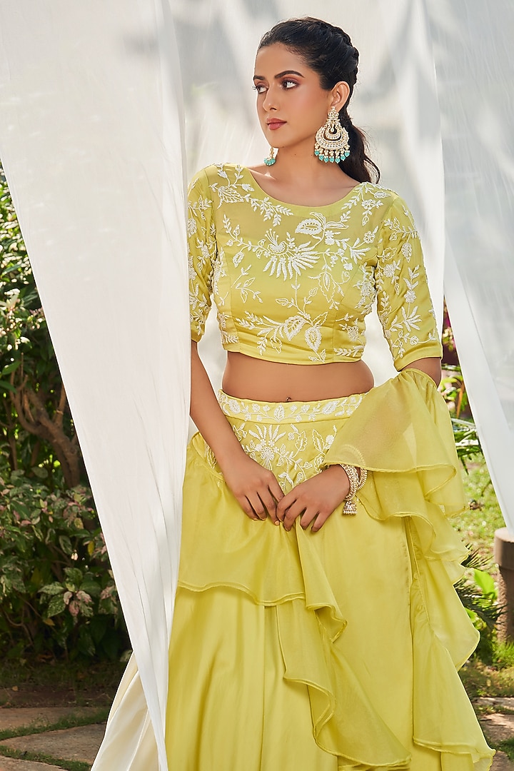 Lime Green Satin Organza Wedding Lehenga Set by Megha Pitti at Pernia's Pop Up Shop