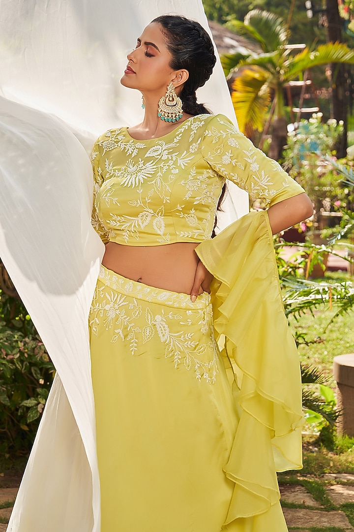 Lime Green Satin Organza Wedding Lehenga Set by Megha Pitti at Pernia's Pop Up Shop