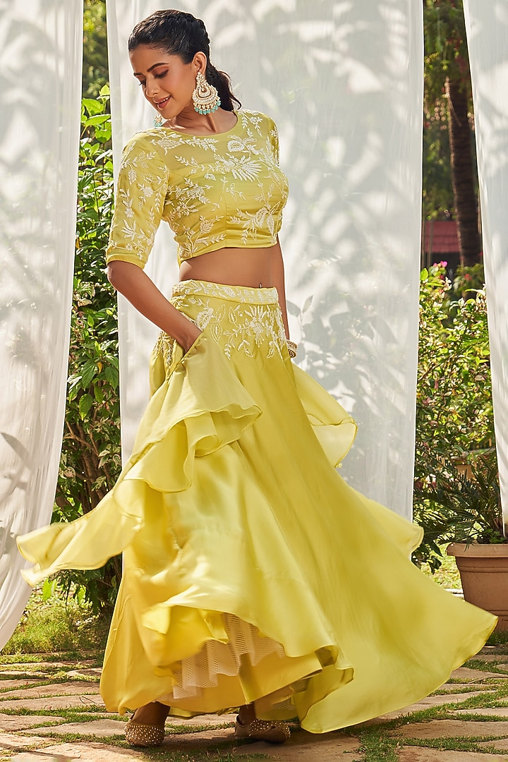 Lime Green Satin Organza Wedding Lehenga Set by Megha Pitti at Pernia's Pop Up Shop