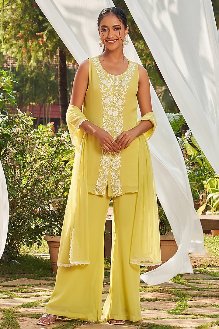 Lime Green Georgette Hand Embroidered Short Kurta Set by Megha Pitti at Pernia's Pop Up Shop