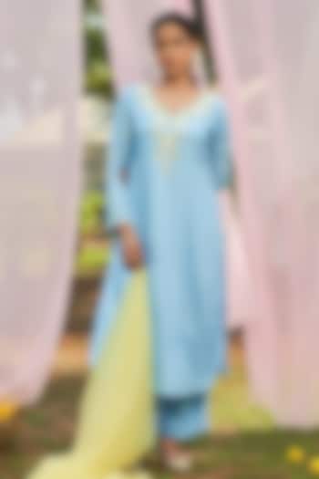 Ice Blue Habutai Silk Cutdana Hand Embroidered Kurta Set by Megha Pitti at Pernia's Pop Up Shop