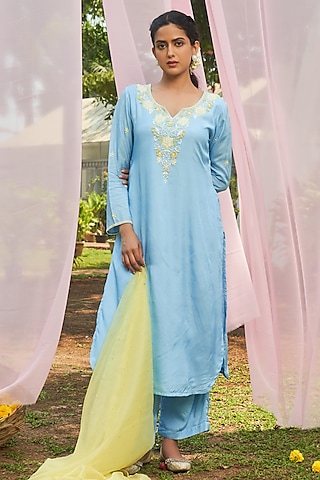 Ice Blue Habutai Silk Cutdana Hand Embroidered Kurta Set by Megha Pitti