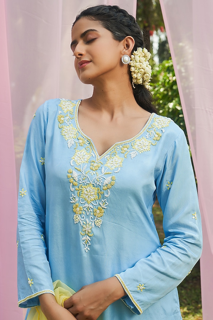 Ice Blue Habutai Silk Cutdana Hand Embroidered Kurta Set by Megha Pitti at Pernia's Pop Up Shop