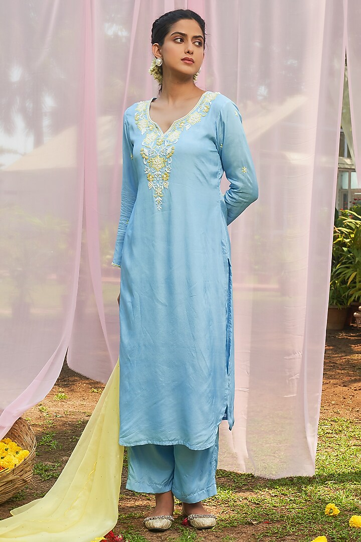 Ice Blue Habutai Silk Cutdana Hand Embroidered Kurta Set by Megha Pitti at Pernia's Pop Up Shop