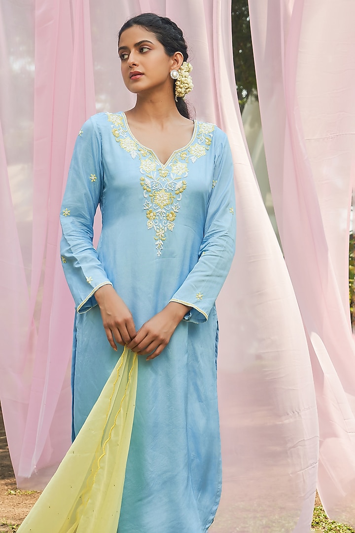 Ice Blue Habutai Silk Cutdana Hand Embroidered Kurta Set by Megha Pitti at Pernia's Pop Up Shop