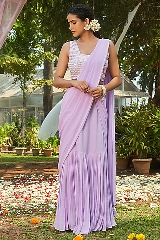 Lilac Georgette Fish Cut Pre-Stitched Saree Set by Megha Pitti