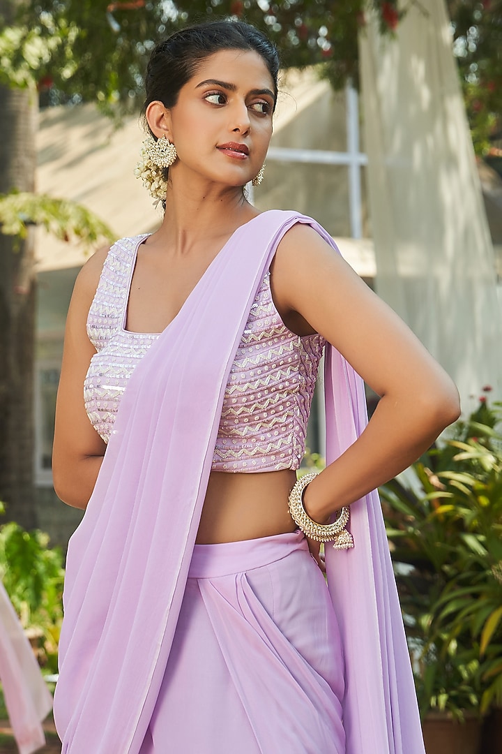 Lilac Georgette Fish Cut Pre-Stitched Wedding Saree Set by Megha Pitti at Pernia's Pop Up Shop