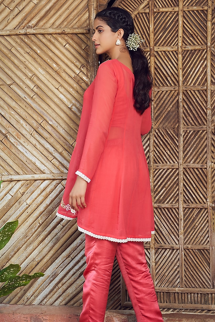 Red Georgette & Satin Dupion Cutdana Hand Embroidered Sheer Kurta Set by Megha Pitti at Pernia's Pop Up Shop