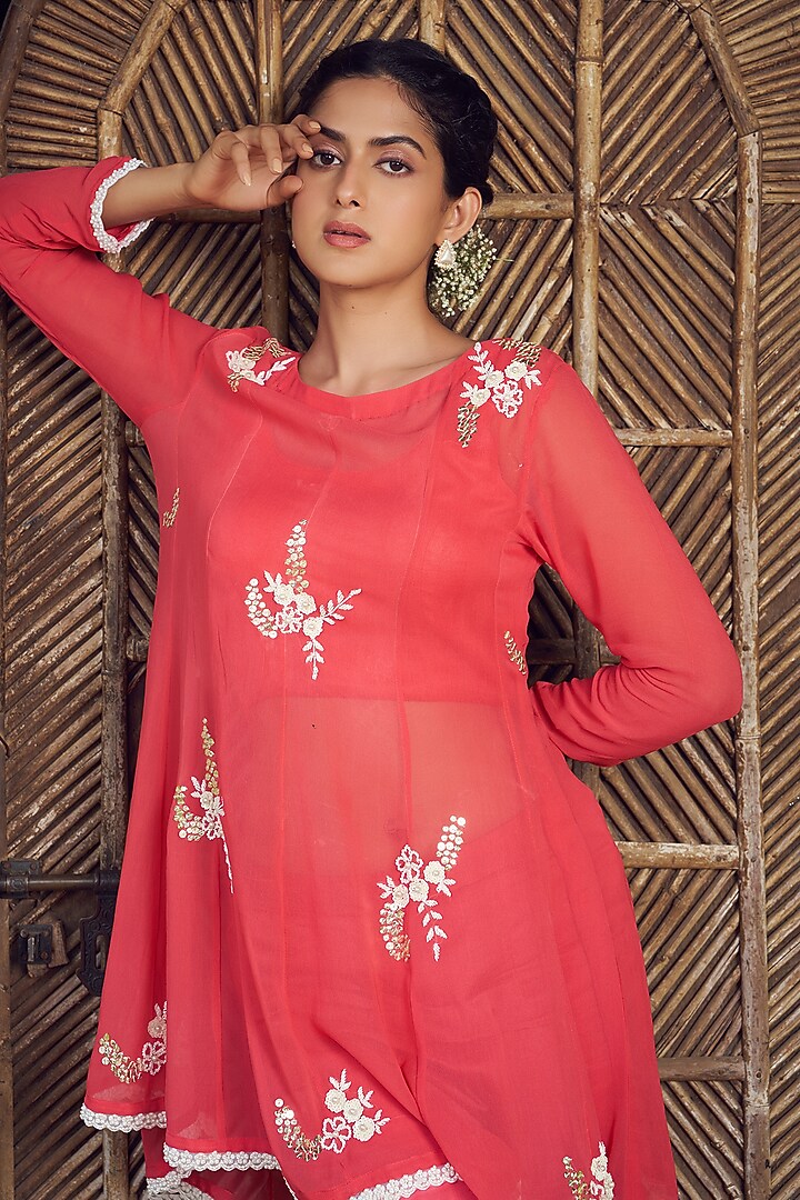 Red Georgette & Satin Dupion Cutdana Hand Embroidered Sheer Kurta Set by Megha Pitti at Pernia's Pop Up Shop