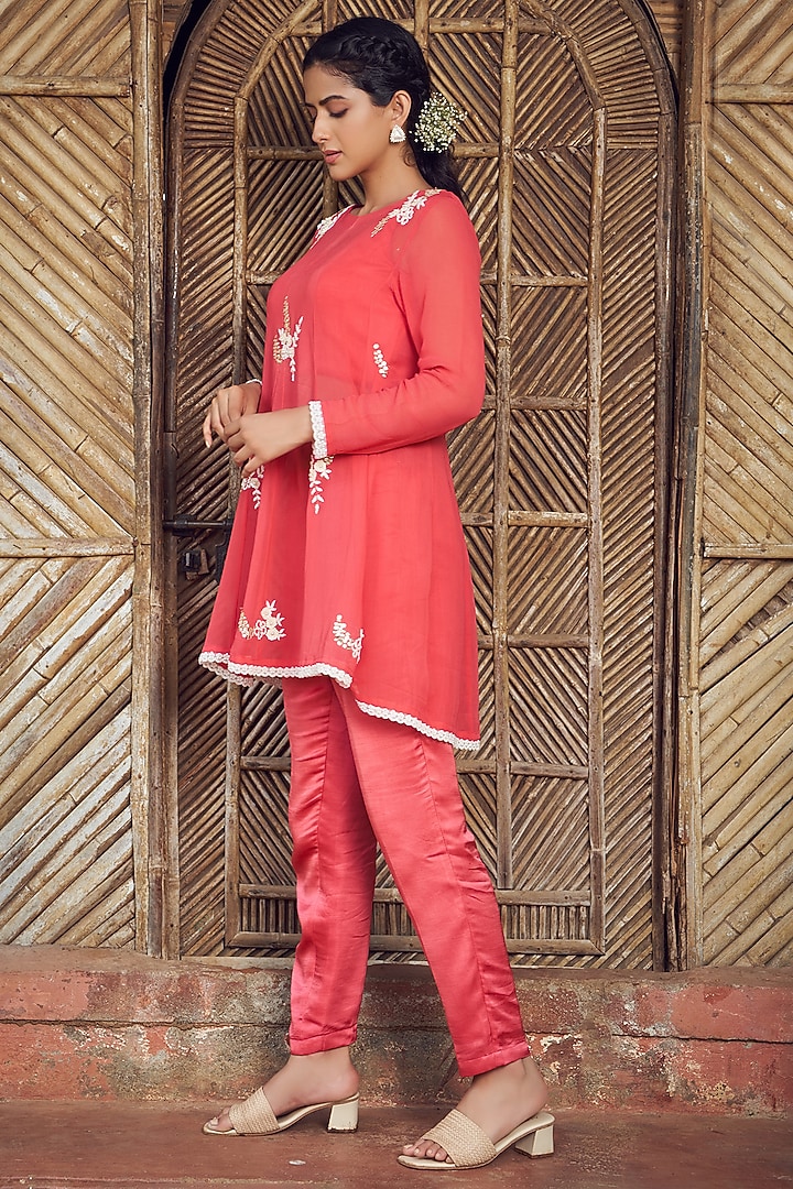 Red Georgette & Satin Dupion Cutdana Hand Embroidered Sheer Kurta Set by Megha Pitti at Pernia's Pop Up Shop