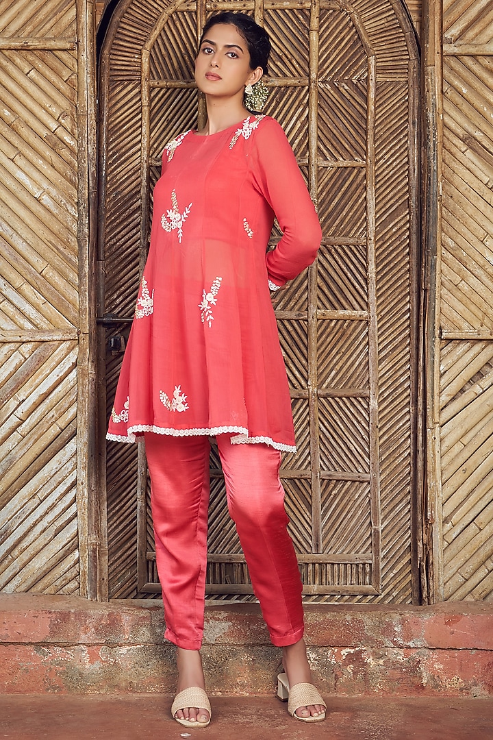 Red Georgette & Satin Dupion Cutdana Hand Embroidered Sheer Kurta Set by Megha Pitti at Pernia's Pop Up Shop