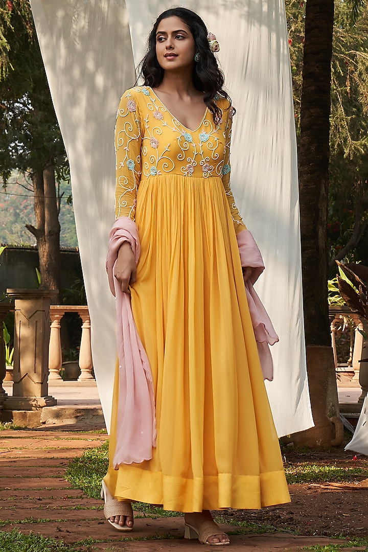 Yellow Georgette Sequins Hand Embroidered Anarkali Set by Megha Pitti
