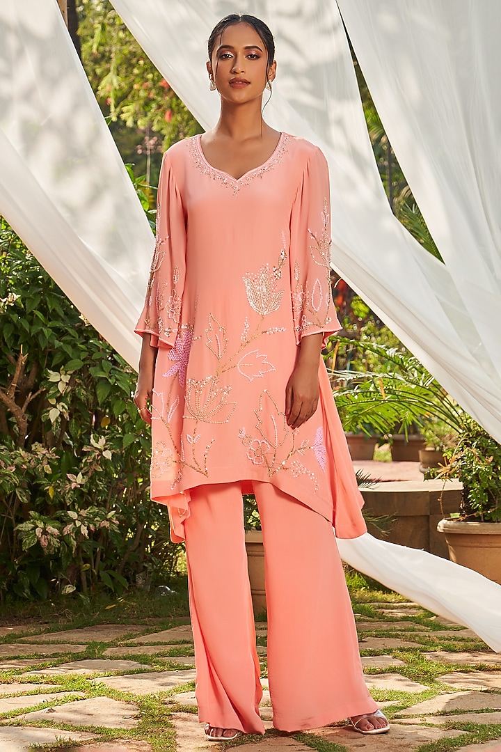 Peach Crepe Cutdana Hand Embroidered Tunic Set by Megha Pitti at Pernia's Pop Up Shop
