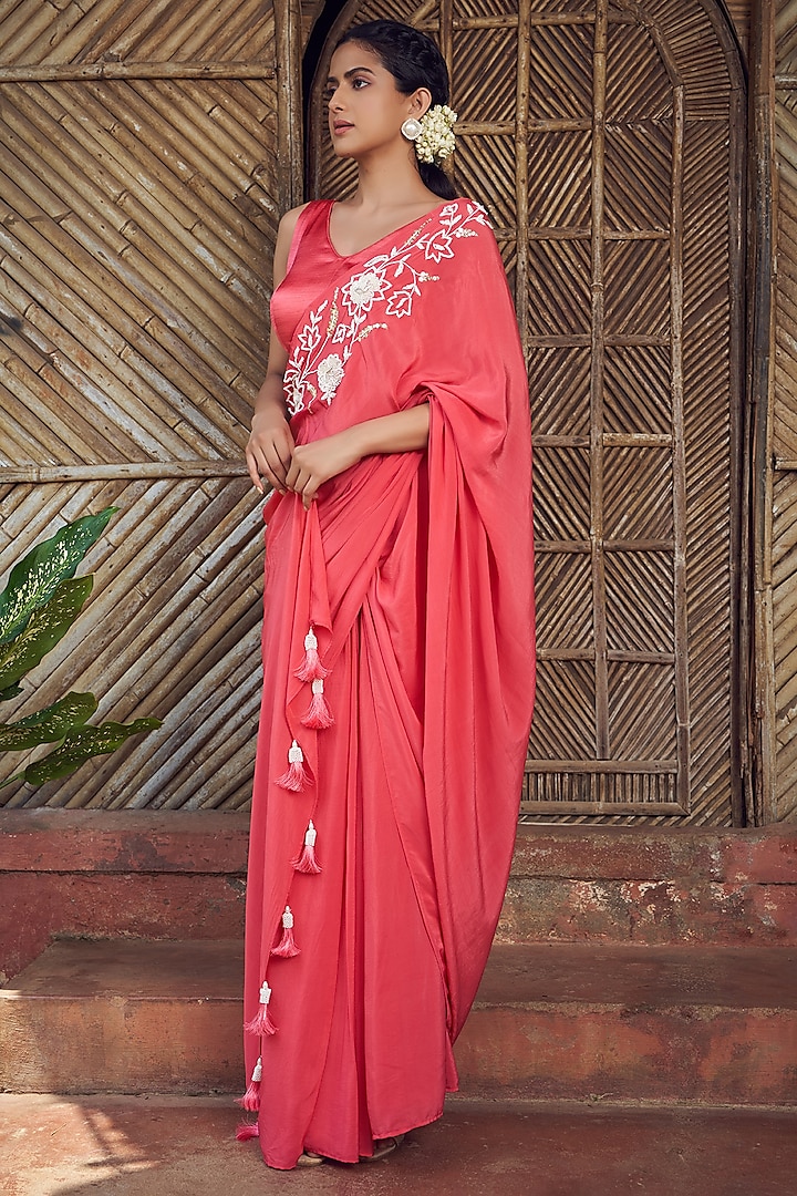 Tomato Red Crepe & Satin Dupion Sequins Hand Embroidered Pre-Stitched Saree Set by Megha Pitti at Pernia's Pop Up Shop