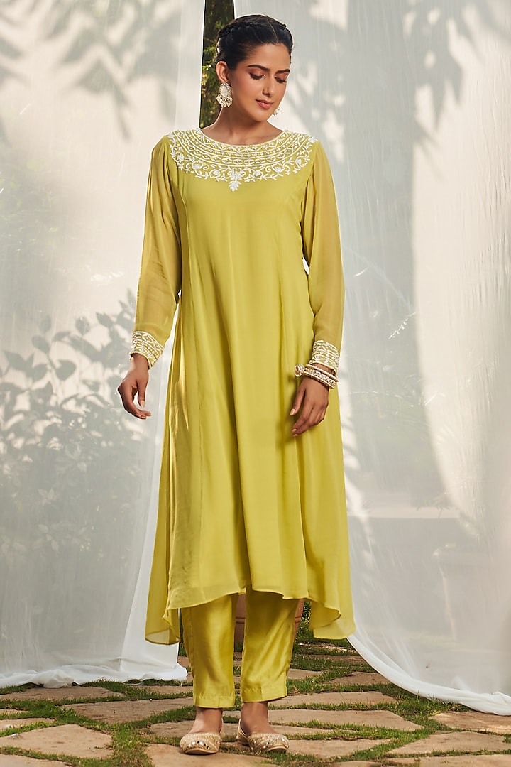 Lime Green Georgette & Nokia Silk Bead Hand Embroidered Kurta Set by Megha Pitti at Pernia's Pop Up Shop