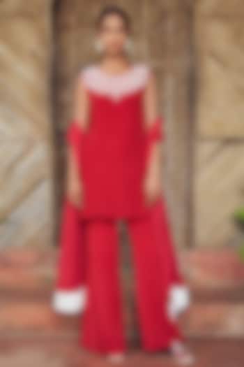 Red Crepe Moti Hand Embroidered Kurta Set by Megha Pitti at Pernia's Pop Up Shop