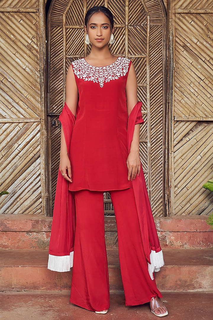 Red Crepe Moti Hand Embroidered Kurta Set by Megha Pitti at Pernia's Pop Up Shop